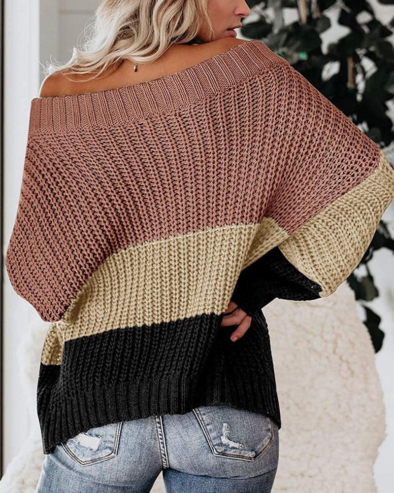 Colorblock Chunky Knit Boat Neck Sweater-Pinkami