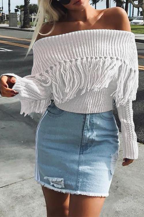 Tassel Word Collar Off-shoulder Sweater-Pinkami
