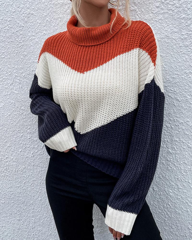Colorblock High Neck Long Sleeve Sweater-Pinkami