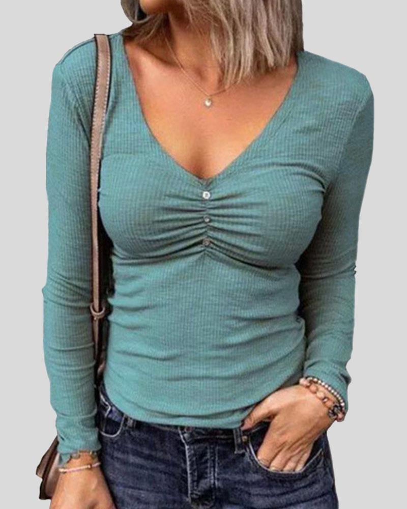 Ribbed Knit Ruched Button Decor Bodycon Sweater