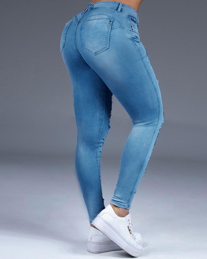 Women Extreme Distressed Stretch Butt Lifting Skinny Jeans-Pinkami