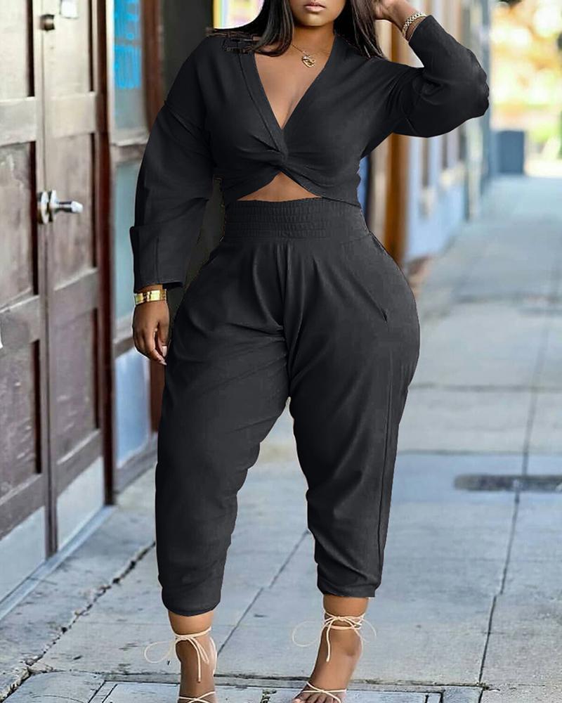Solid Twist Plunging Neck Crop Top & Pants Set-Pinkami