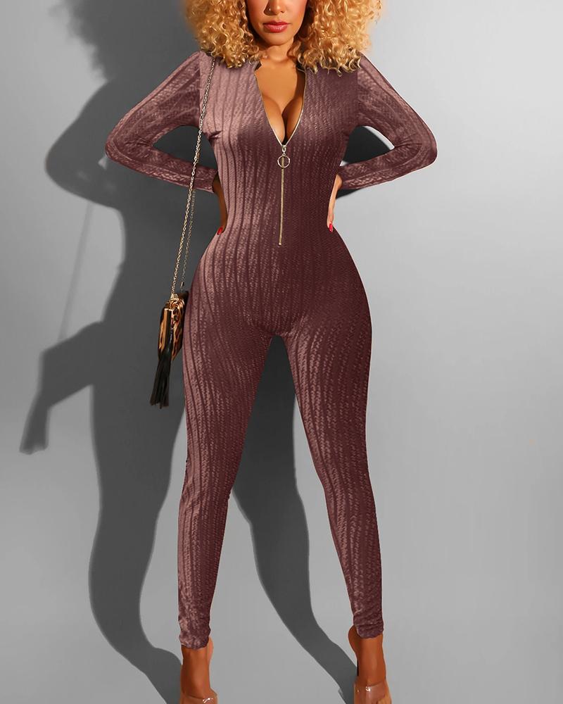 Chevron Pattern Mesh Insert Zip Up Casual Jumpsuit