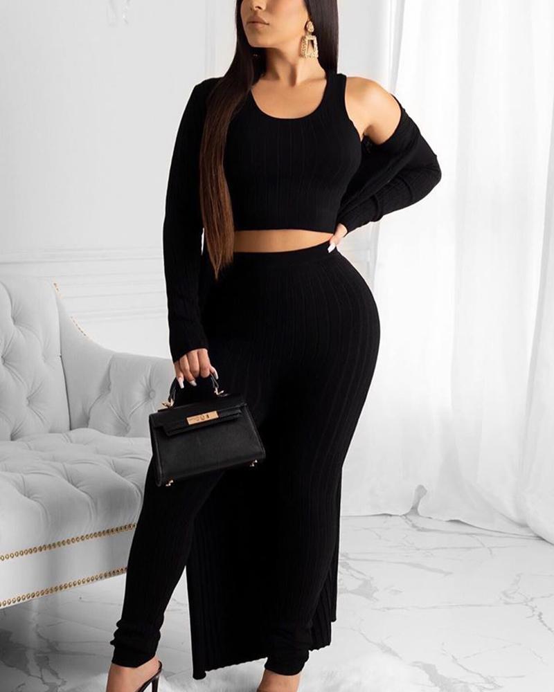 3 Piece Solid Rib-Knit Top & Pants & Cardigan Set