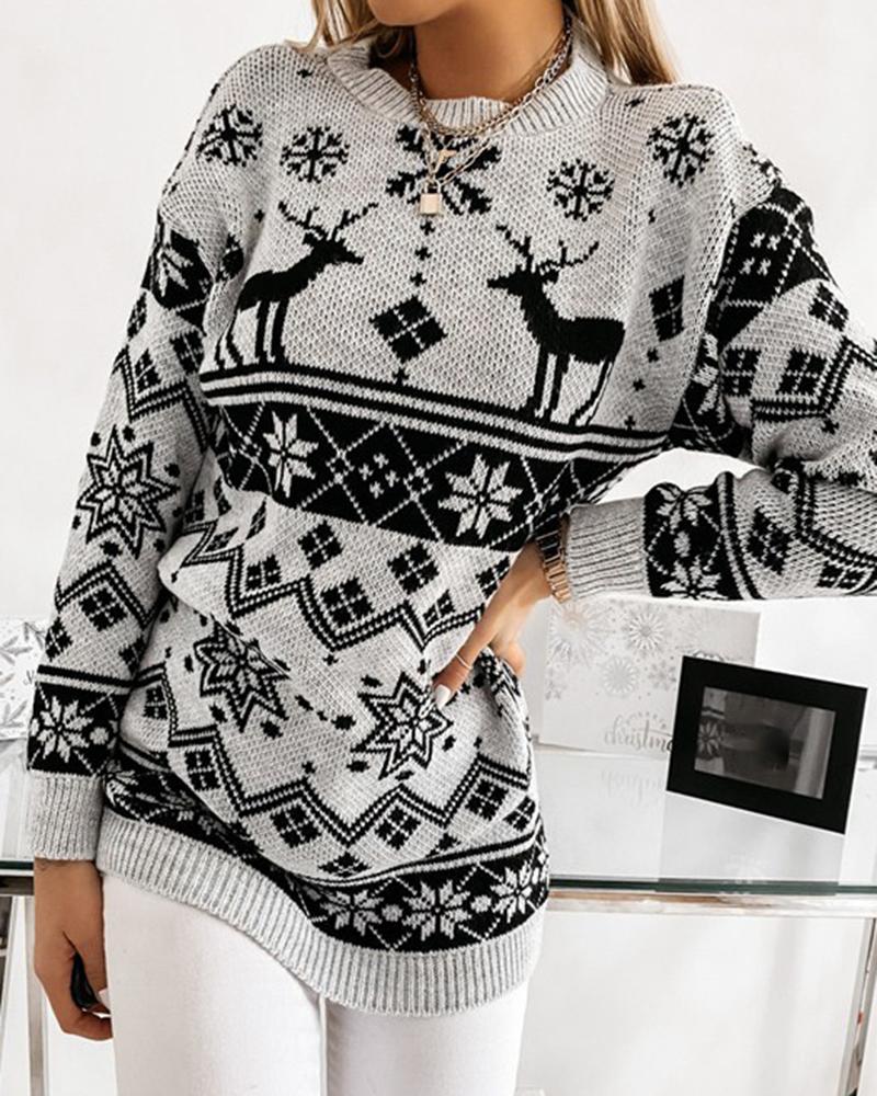Christmas Print Contrast Binding Rib-Knit Round Neck Sweater-Pinkami