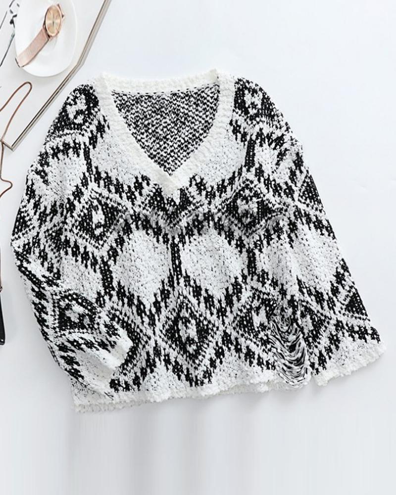 Chunky Knit V Neck Drop Shoulder Sweater-Pinkami