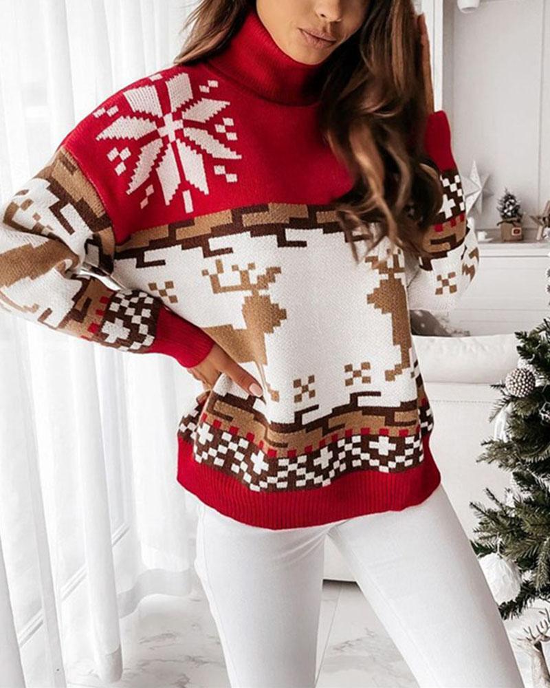 Colorblock Christmas Print Turtleneck Sweater-Pinkami