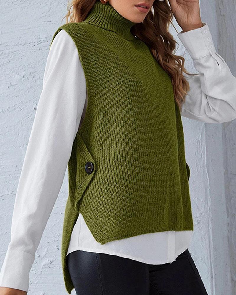 Ribbed Sleeveless High Low Button Detail Sweater-Pinkami