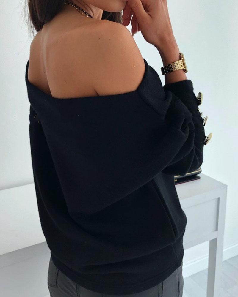 Boat Neck Button Decor Sweater-Pinkami