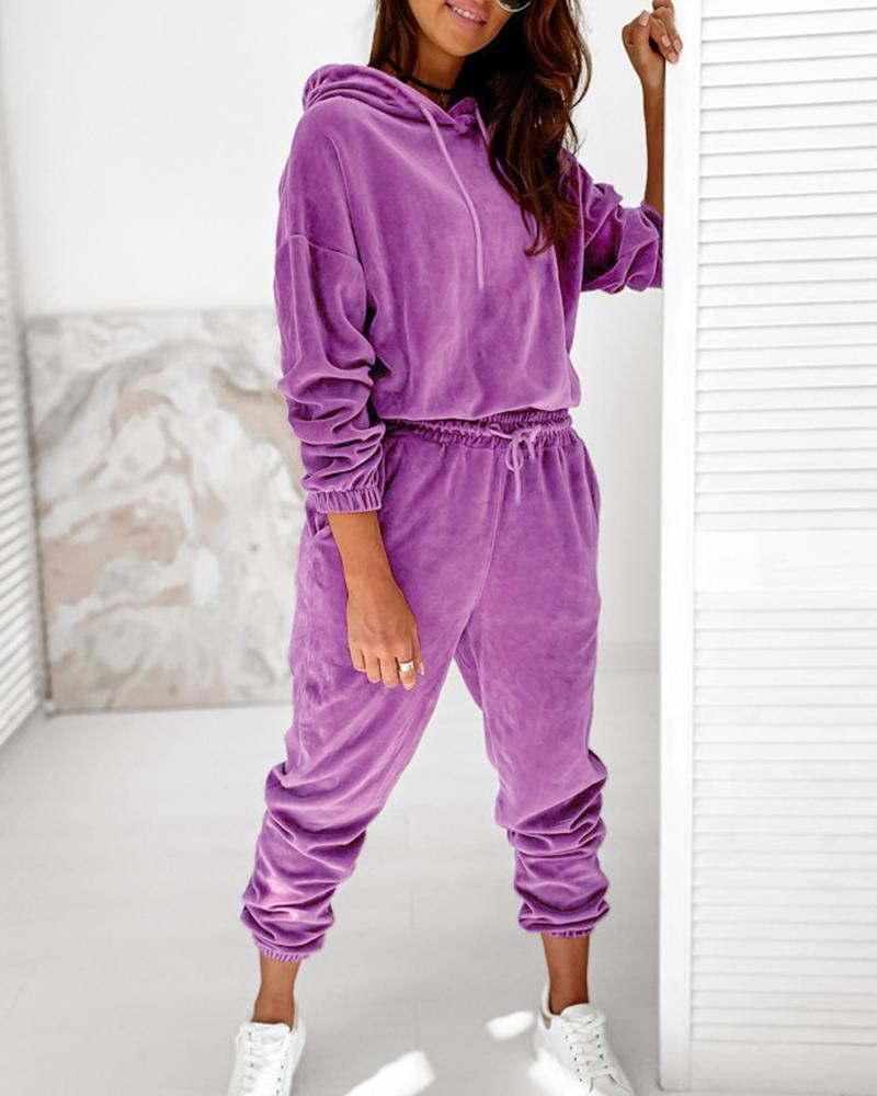 Solid Velvet Drawstring Detail Hoodie & Pants Set-Pinkami