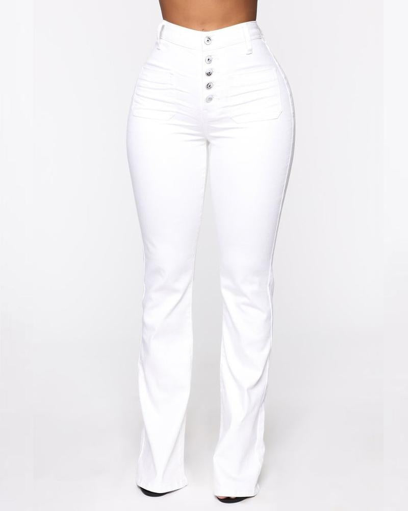 Women Button Fly Booty Shaping High Waist Flare Jeans-Pinkami
