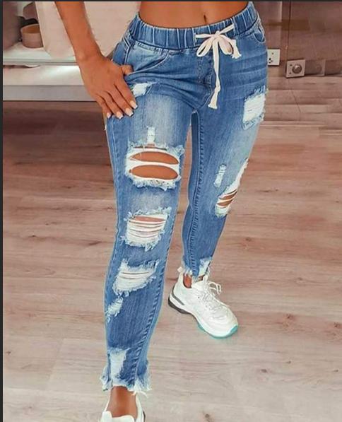 Women Plus Extreme Distressed Drawstring Waist Jeans-Pinkami