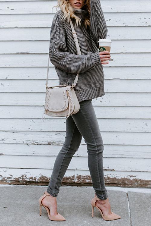 Solid Color Commuter Turtleneck Sweater Female-Pinkami