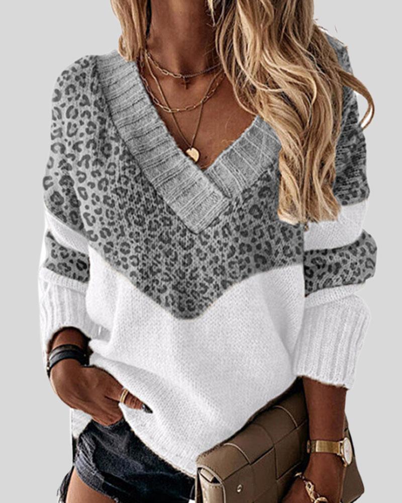 Colorblock Leopard Print Overlap Collar Sweater-Pinkami