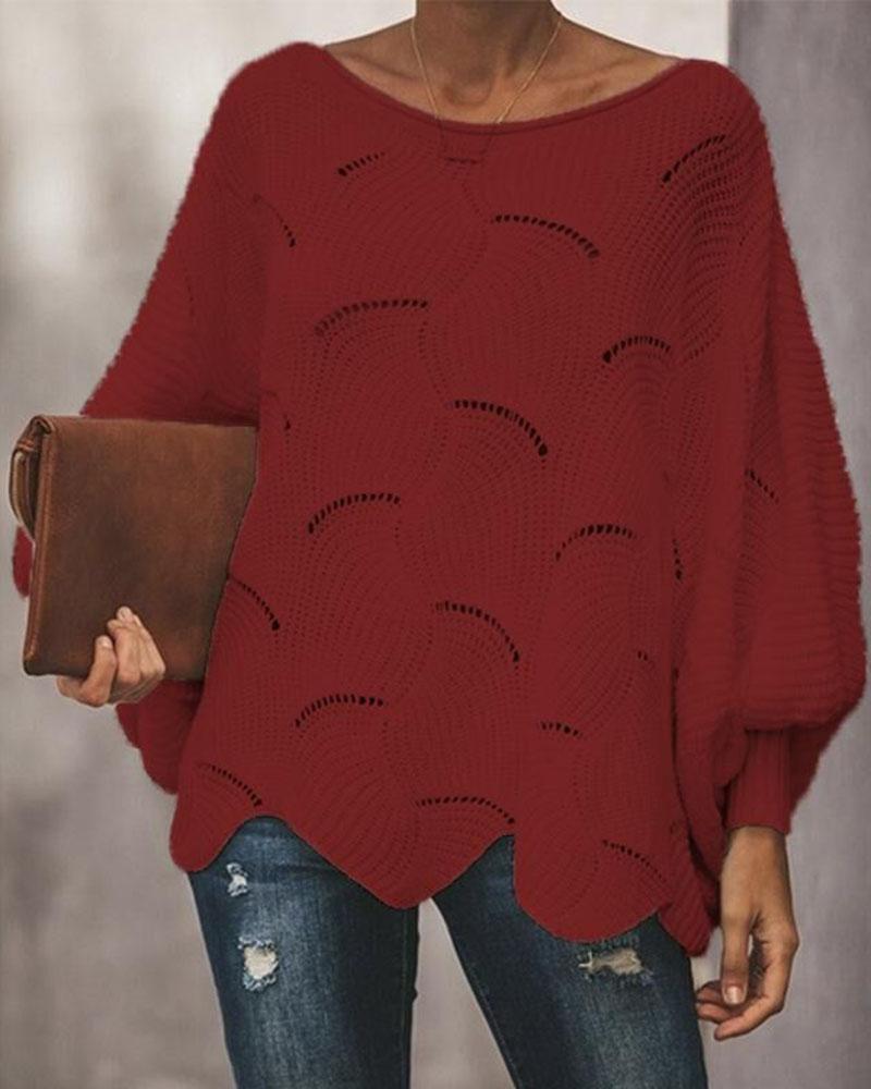 Open Knit Lantern Sleeve Scallop Hem Oversized Sweater-Pinkami
