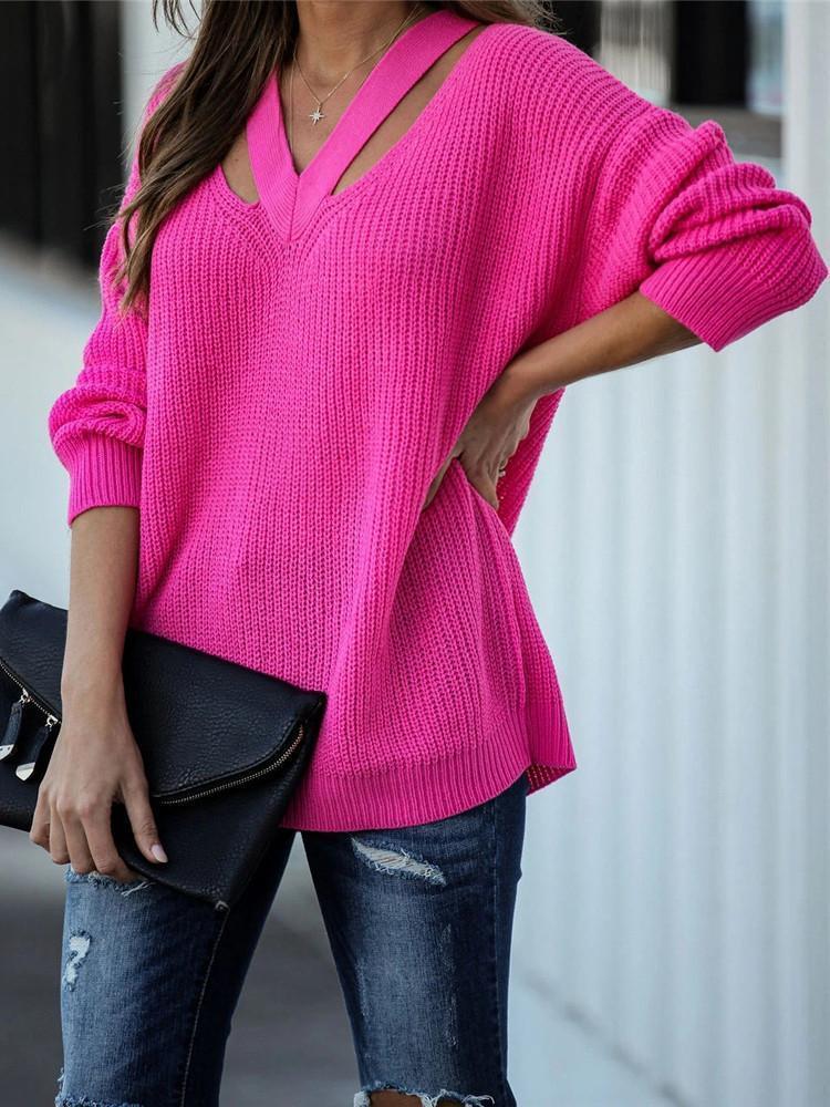 V-neck Solid Loose Sweater-Pinkami