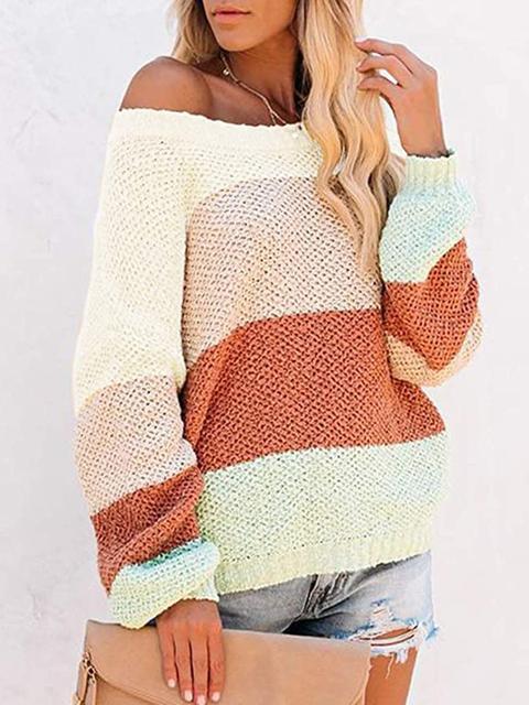 Color Block Off-shoulder Lightweight Sweater-Pinkami