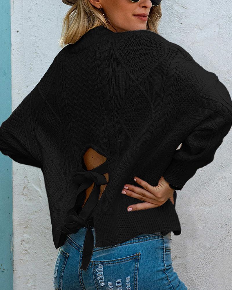 Cut Out Self-Tie Split Hem V Neck Sweater-Pinkami