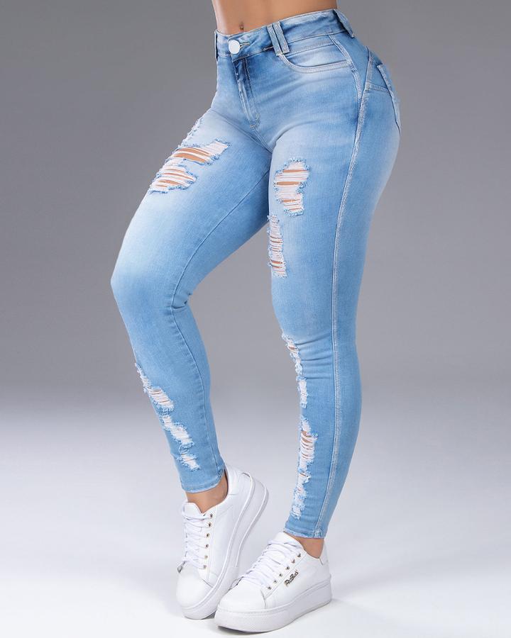 Women Distressed Butt Lifting Skinny Jeans-Pinkami
