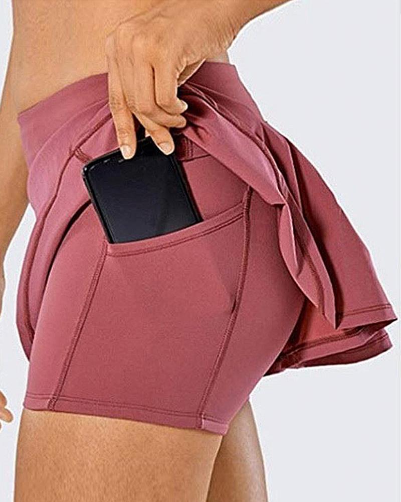 Ruffle Hem Pocket Decor Zip Back Sports Skort-Pinkami