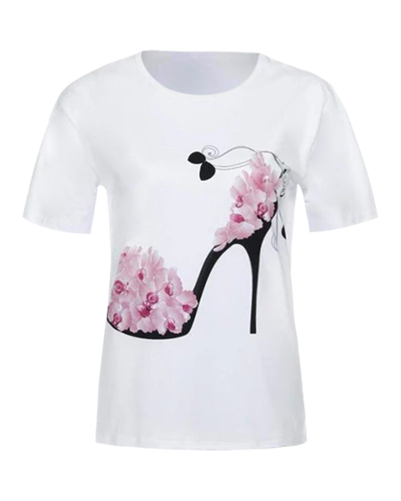 Floral & High Heel Print Drop Shoulder T-Shirt-Pinkami