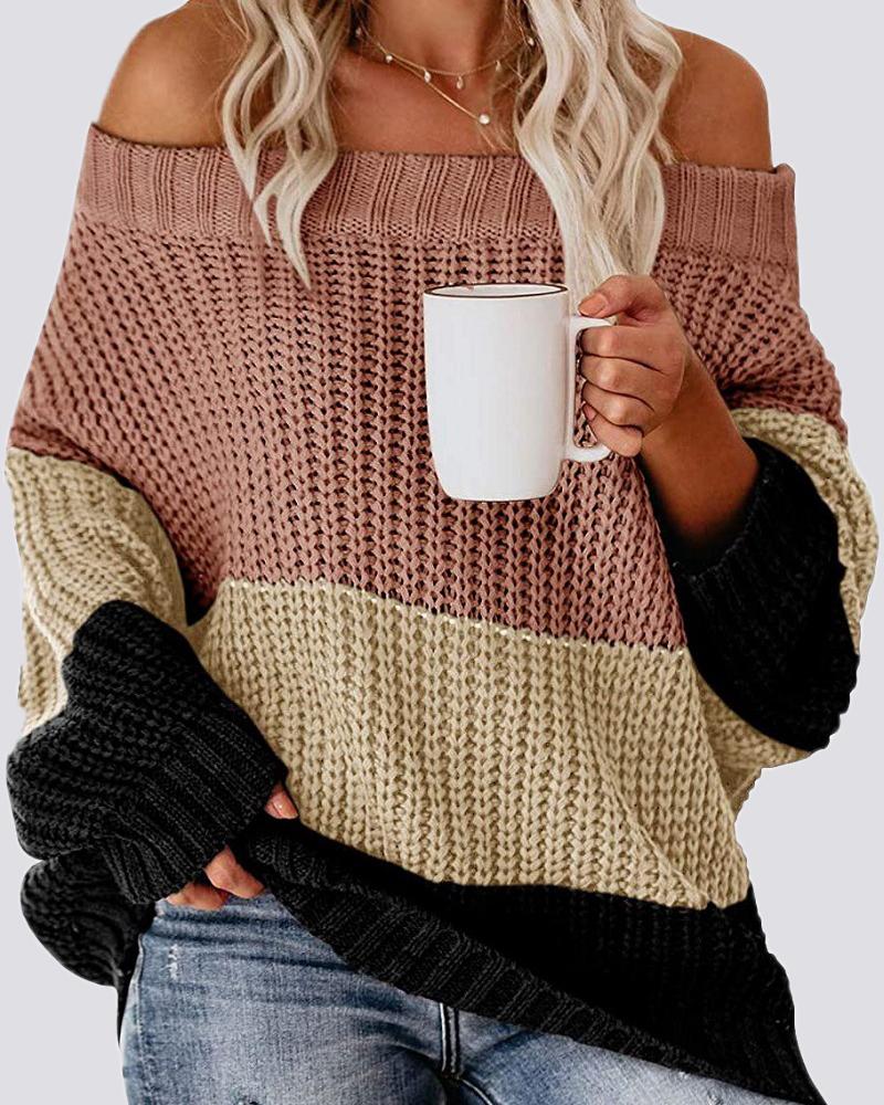 Colorblock Chunky Knit Boat Neck Sweater-Pinkami