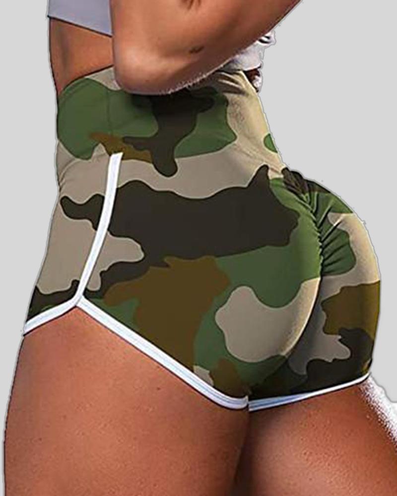 Allover Print Contrast Binding High Waist Sports Shorts-Pinkami