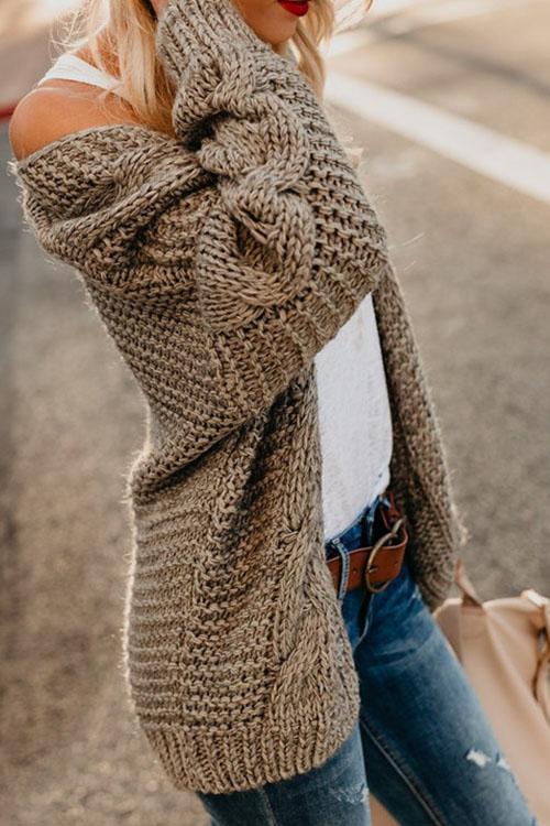 Loose Long-sleeved Twist Knit Sweater Big Twisted Rope Cardigan-Pinkami