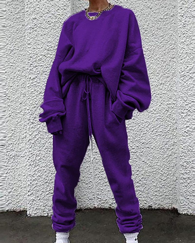 Solid Drawstring Waist Slant Pocket Elastic Hem Sweatshirt & Pants Set-Pinkami