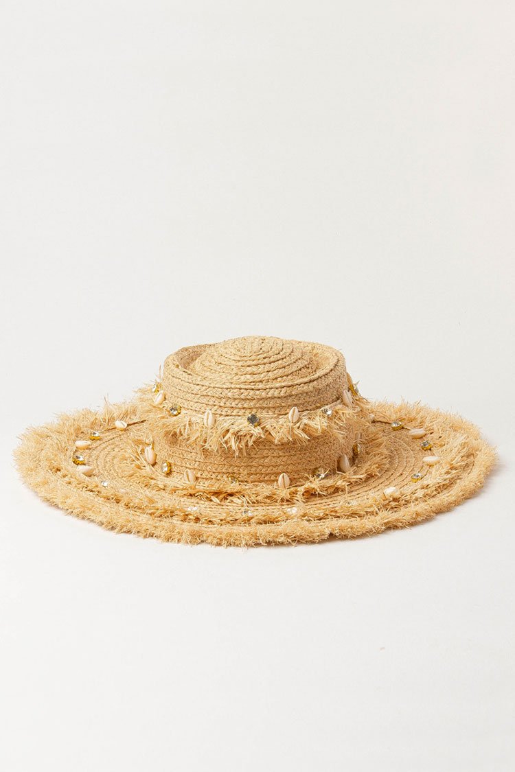Glitter Frayed Shell Beach Straw Sun Hat