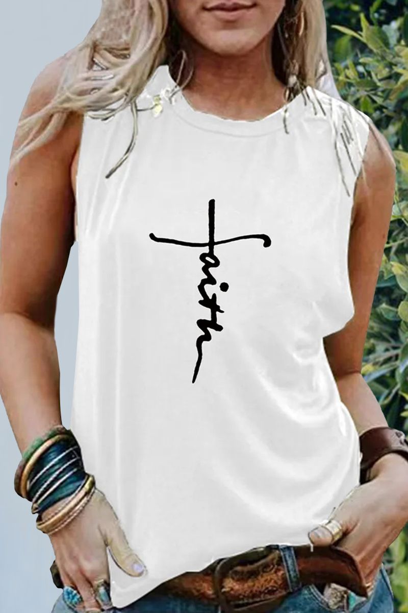 Letter Print Round Neck Tank Top-Pinkami