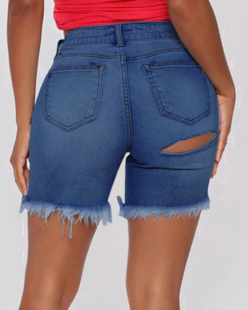 Women Ripped Raw Hem Pocket Detail Denim Shorts-Pinkami