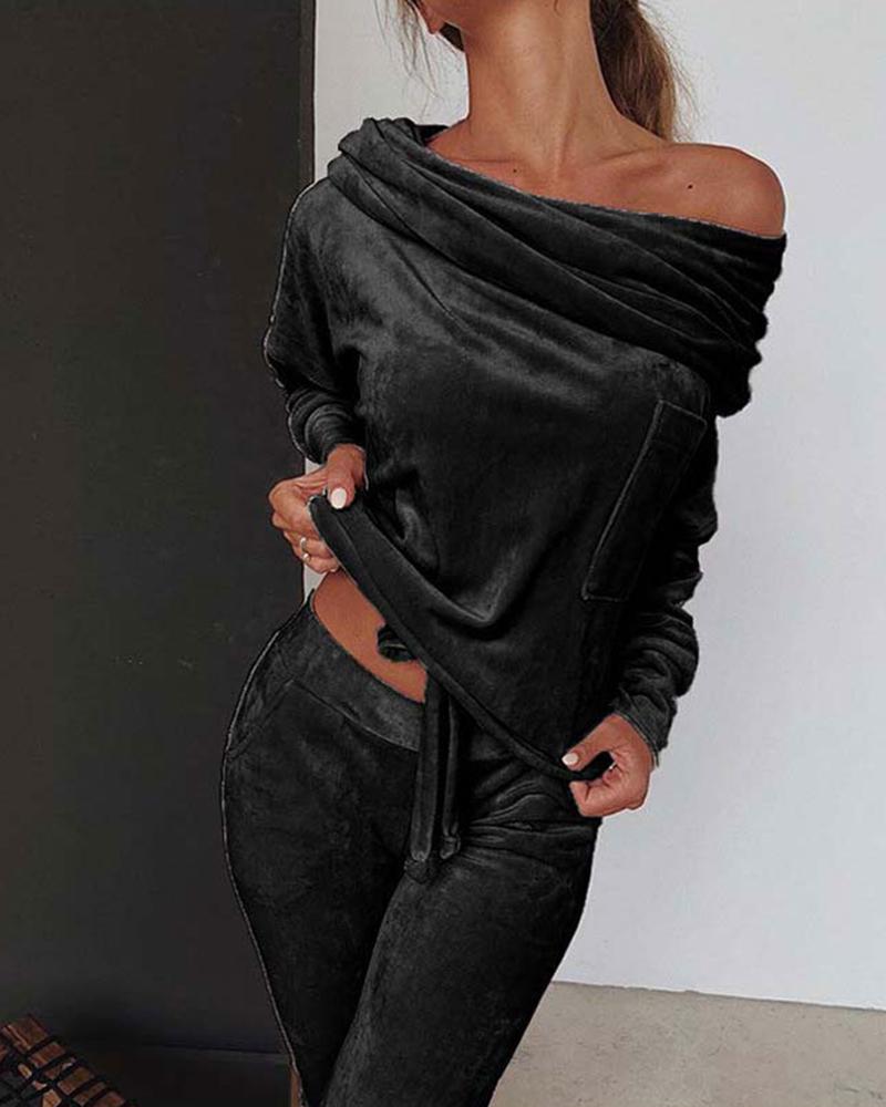 Solid Velvet Drawstring Boat Neck Top & Pants Set-Pinkami