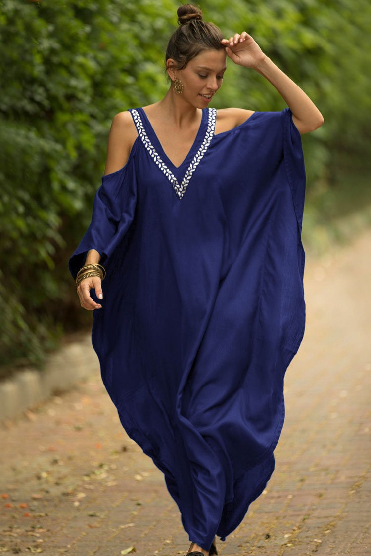 Leaf Embroidered V Neck Cold Shoulder Maxi Caftan Cover Up-Pinkami