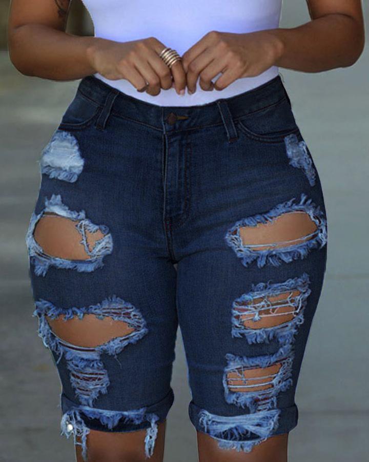 Women Extreme Distressed Roll Up Hem Denim Shorts-Pinkami