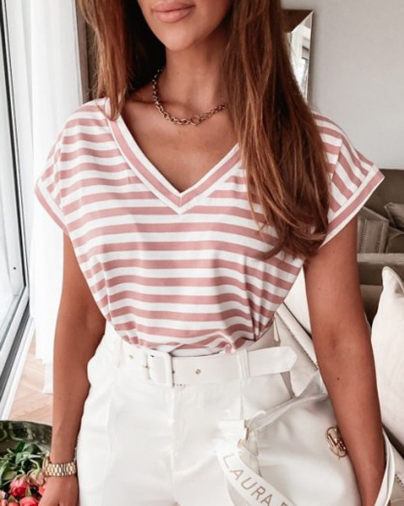 Striped V Neck Short Sleeve T-Shirt-Pinkami
