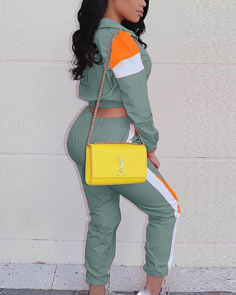 Colorblock Pocket Detail Zip Front Top & Pants Set-Pinkami