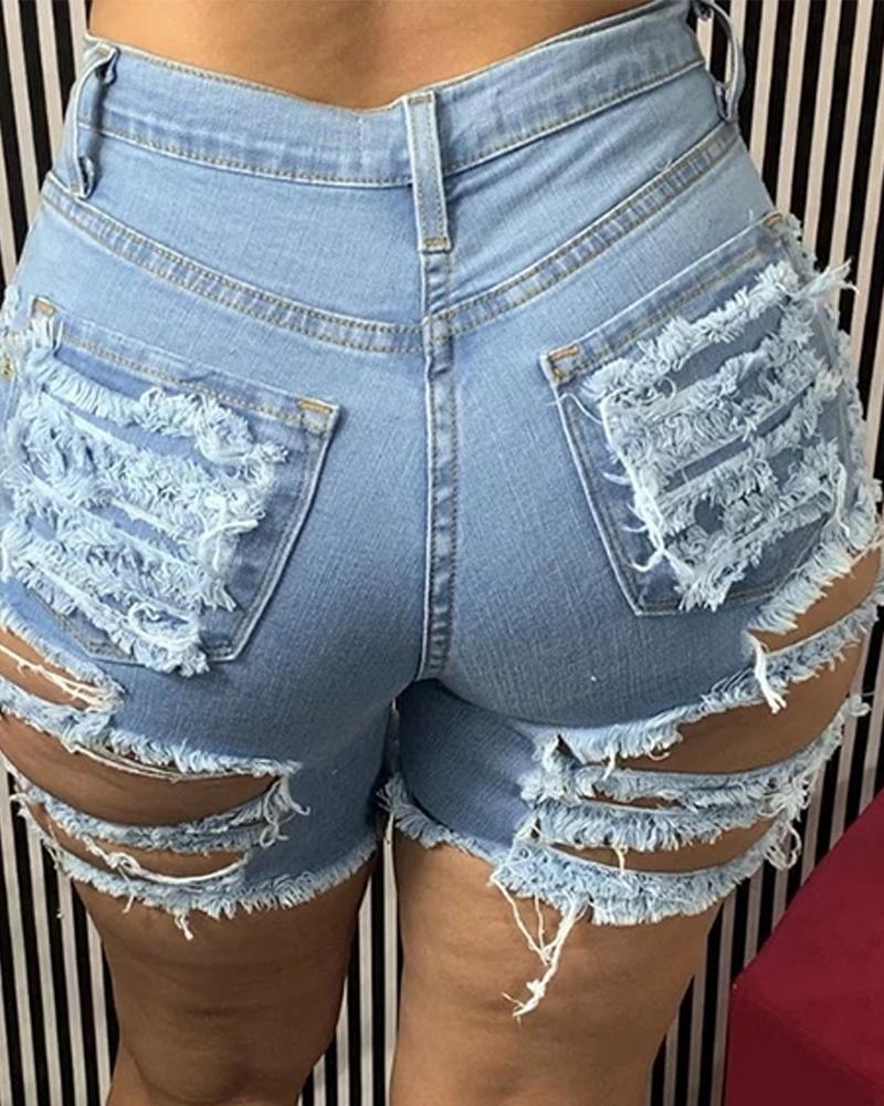 Women Ripped Cut Out Pocket Detail Raw Hem Denim Shorts-Pinkami