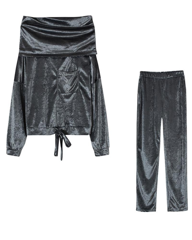 Solid Velvet Drawstring Boat Neck Top & Pants Set-Pinkami