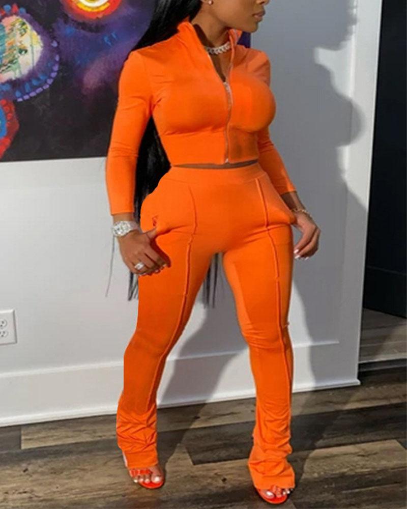 Solid Zip Up Stand Collar Top & Pants Set-Pinkami