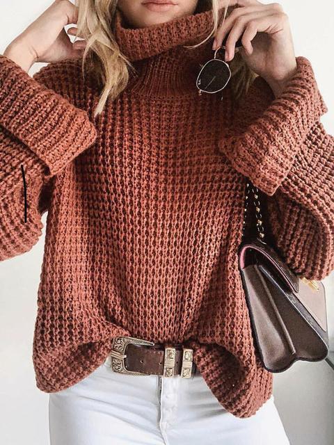Casual Solid Color Knitted Turtleneck Sweater-Pinkami