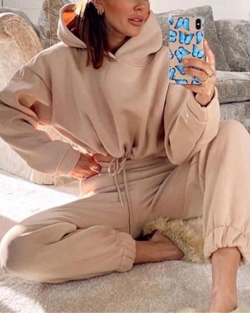Solid Drawstring Elastic Hem Hooded Top & Pants Set-Pinkami