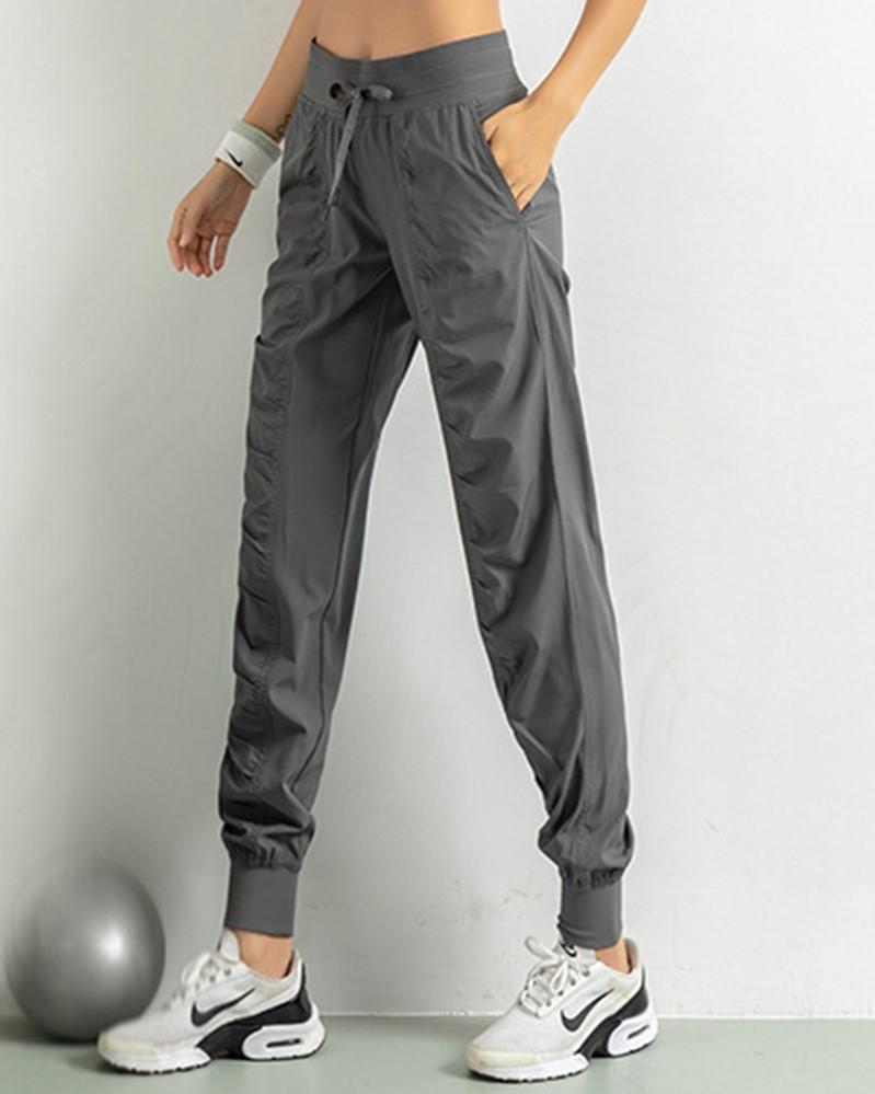Quick Dry Drawstring Waist Ruched Front Sports Pants For Women-Pinkami