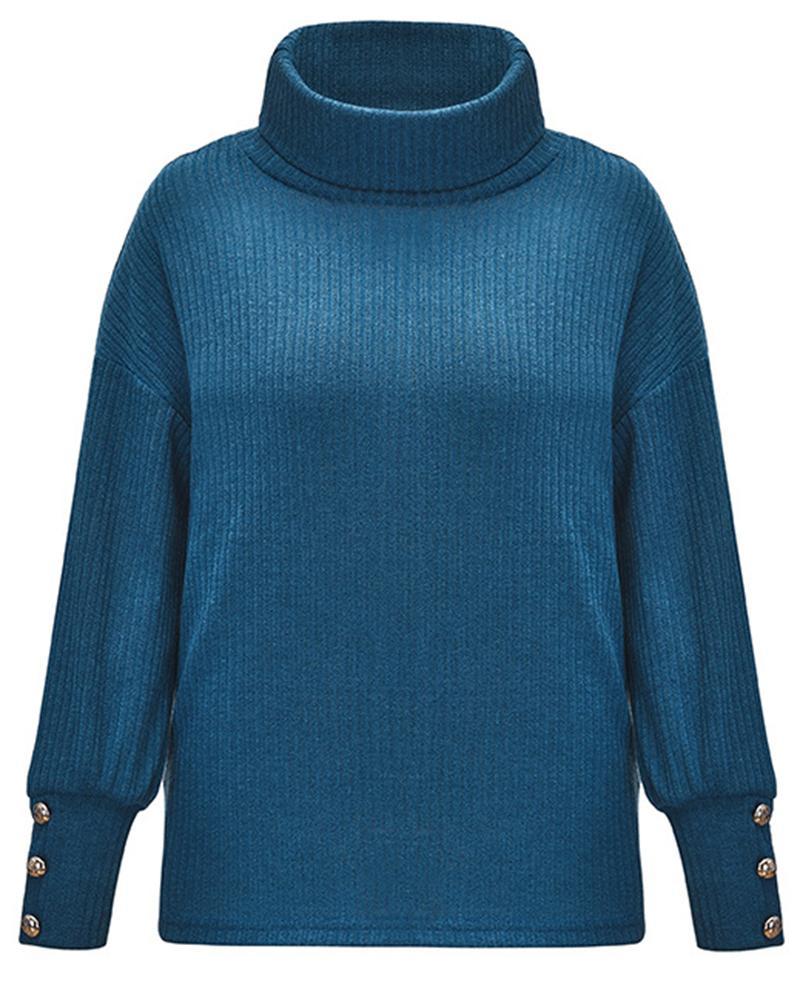 Solid Button Detail Ribbed High Neck Sweater-Pinkami