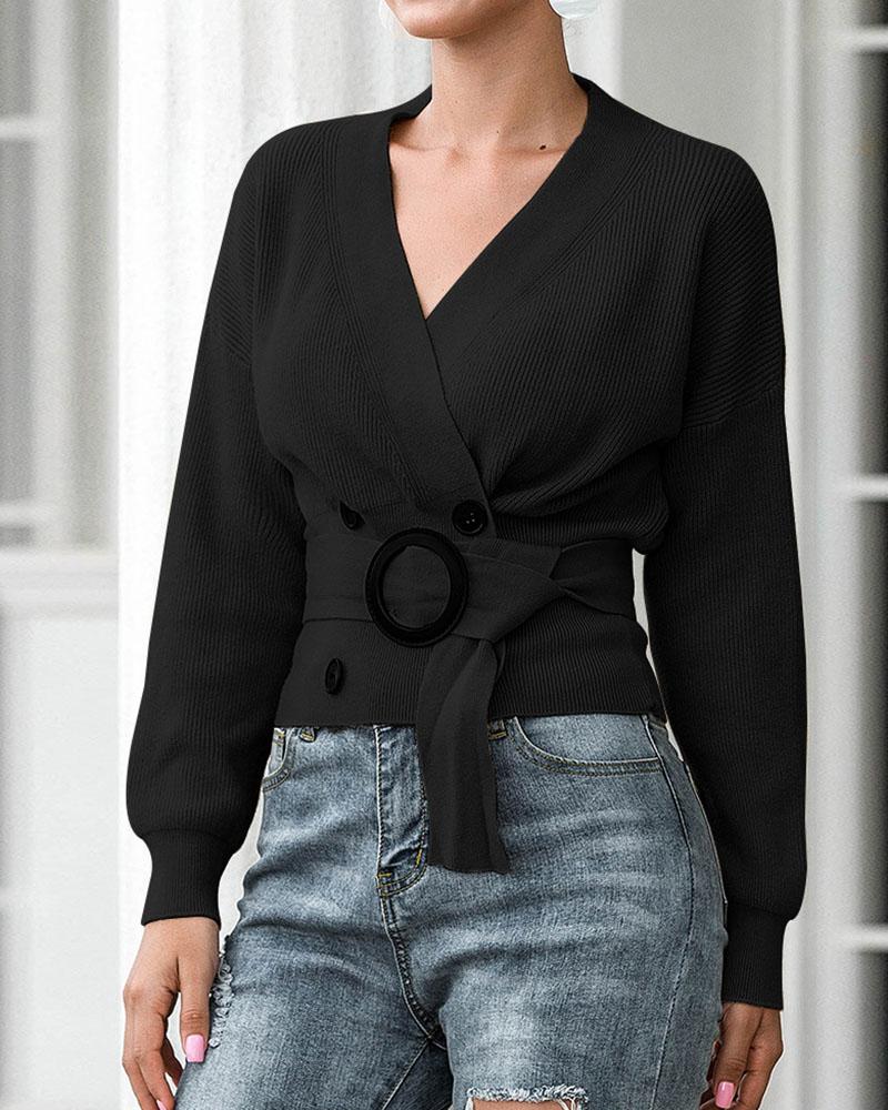 Rib-knit Belted Decor Button Trim Surplice Neck Sweater-Pinkami