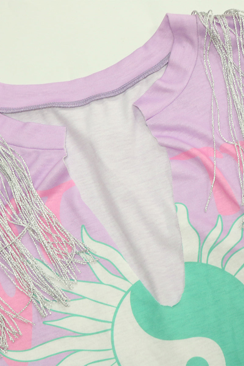 Letter & Graphic Print Split Side T-Shirt-Pinkami