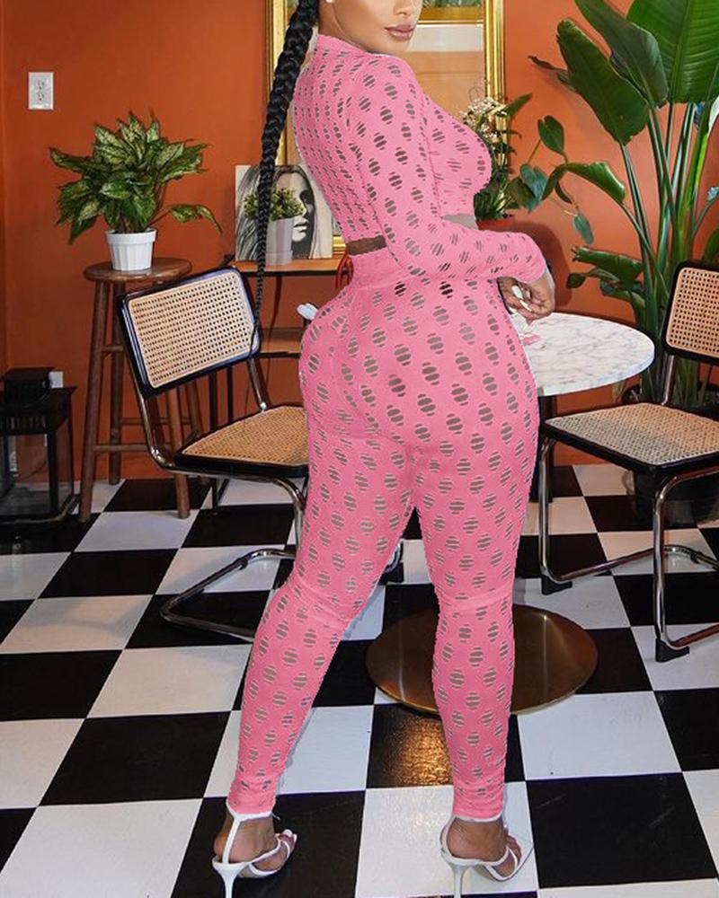 Hollow Out Long Sleeve Mock Neck Top & Pants Set-Pinkami