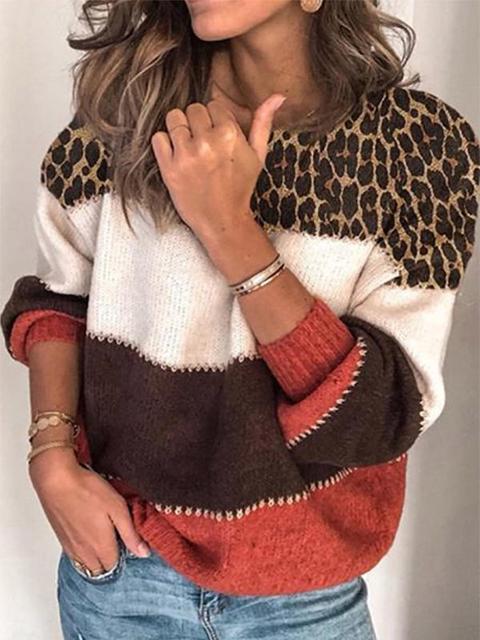 Leopard Patchwork Color Block Knitting Sweater-Pinkami