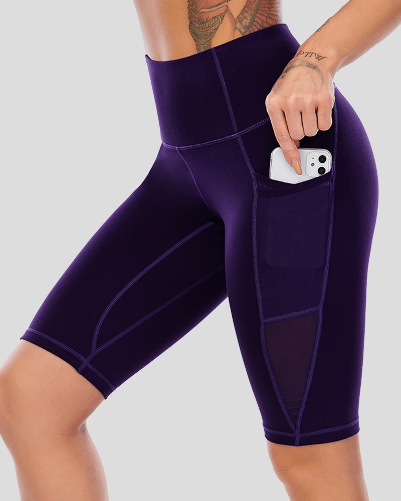 Contrast Stitch Pocket Decor Wide Waistband Sports Shorts-Pinkami