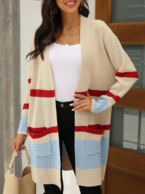 Stripe Stitching Contrast Sweater Cardigan-Pinkami